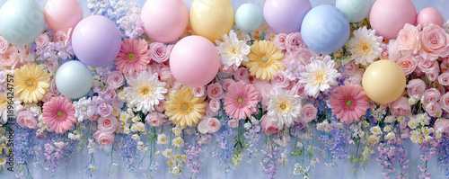 Floral balloon wall with pastel hues for spring birthday celebration 32k ultra HD