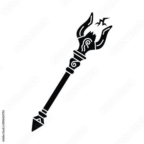 Monochromatic Black Fantasy Staff Icon with Broken Prongs Silhouette