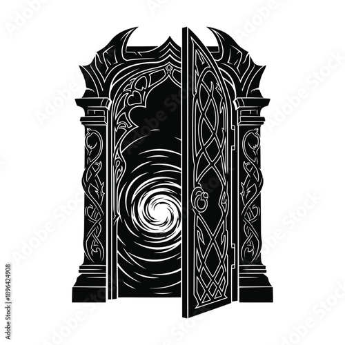 Ornate Gothic Doorway with Celtic Knotwork and Swirling Portal Silhouette