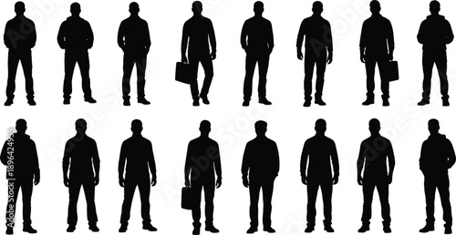 Vector illustration of male silhouettes—symbols for posture, business style, identity, fashion, workforce, diversity, character modeling, and visual comparison