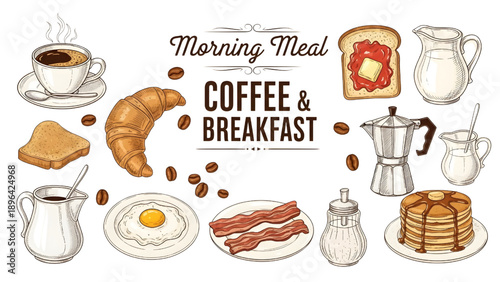 Vintage Hand Drawn Coffee and Breakfast Vector Set with Cafe Food and Drink Elements