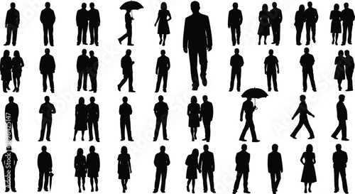 Vector illustration of human silhouettes—symbols for posture, motion, diversity, fashion, urban lifestyle, social interaction, identity, and visual communication