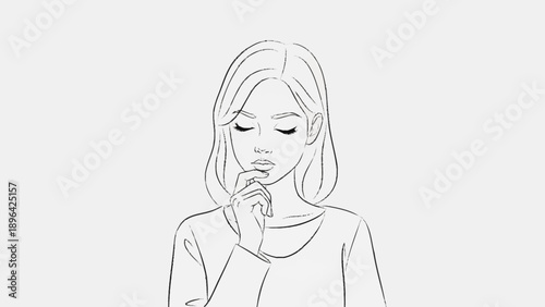 Young Woman Thinking Deeply with Hand on Chin Line Art.