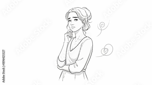 Young woman thinking with hand on chin sketch.