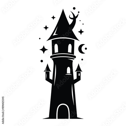 Whimsical Black Witch Tower Silhouette with Celestial Magic Details