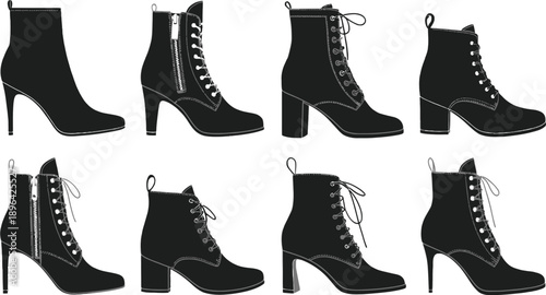 Black high-heeled ankle boots with laces and zippers heels