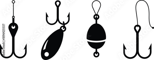 Black silhouette fishing hooks and lures white silhouettes