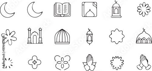 Islamic icon set — black and white grid of 20 minimalist symbols including mosque, Quran, prayer rug, lantern, crescent moon