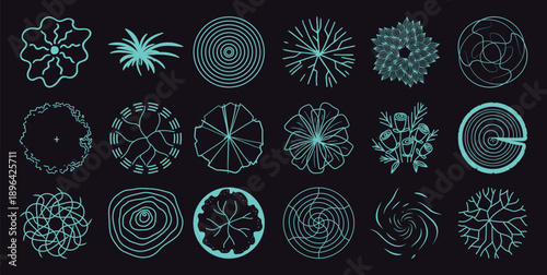 Collection of stylized turquoise botanical and abstract circular patterns dark