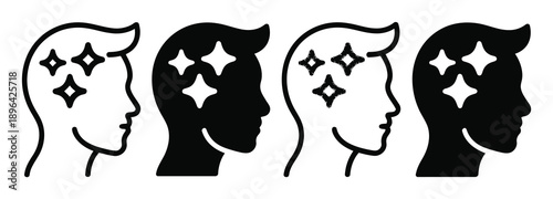 Four Human Head Silhouettes with Sparkle Icons Representing Ideas