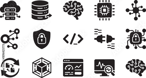 Black Solid Technology and Artificial Intelligence Icon Set for Cloud Computing, Data Storage, Cyber Security and Digital Network Systems
