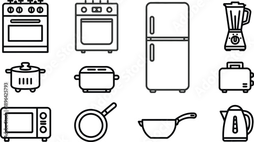 Kitchen appliances including stove oven refrigerator blender toaster slow cooker microwave frying pan kettle