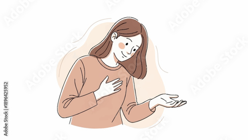 Young woman with hand on chest and open palm gesture.