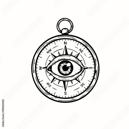 Surreal black and white illustration of a compass with an eye in the center. Symbolic concept of direction, awareness, intuition, guidance, and inner navigation.
