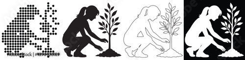 Silhouette of a person planting a young tree, representing growth and sustainability.