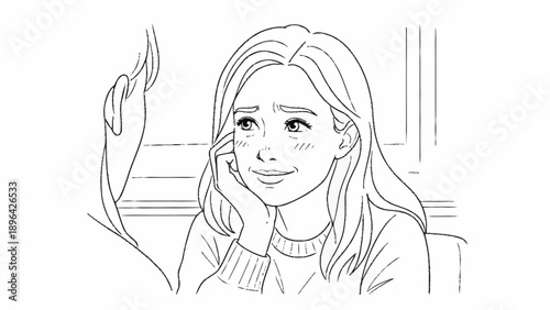 Young woman looking shyly at someone with a gentle smile.