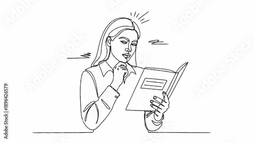 Young woman reading a book with thoughtful expression.