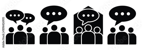 Group of people icons with speech bubbles, representing communication and discussion