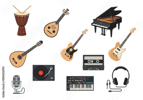 Collection of musical instruments and audio equipment on a white background