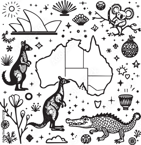 Australia culture and wildlife illustration — black and white drawing of map, kangaroo, koala, crocodile, flora, and Opera House