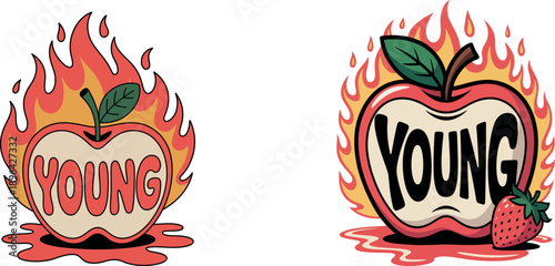 Two cartoon apples on fire with the word young strawberries flames burning