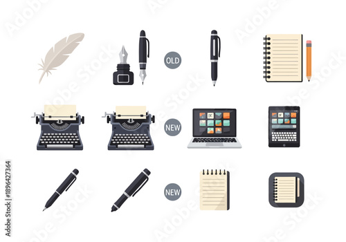 Old and new writing tools comparison graphic in three rows