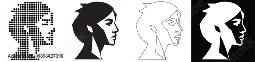 Stylized profile portraits of a woman in various graphic art styles