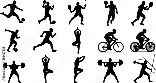 Diverse Collection of Silhouetted Athletes Engaging in Various Sports and Physical Activities, Representing Fitness and a Healthy Lifestyle