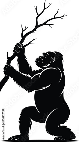 Strong gorilla silhouette vector illustration wild ape holding branch isolated white background wildlife power strength nature graphic design art element