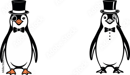 Two cartoon penguins wearing hats and bow ties black and white