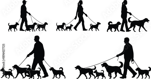 Dog walking silhouettes collection, people walking multiple dogs on leash, pet care activity, animal companionship concept, black vector illustration