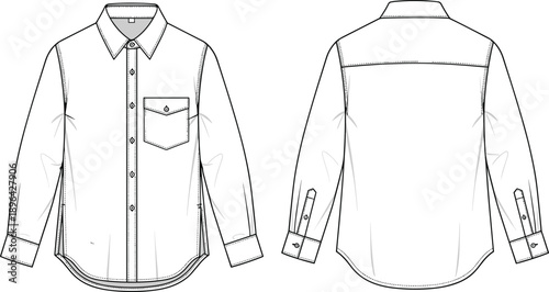 Long sleeve button shirt technical flat vector illustration, front and back view apparel template, casual clothing design, isolated background, mockup