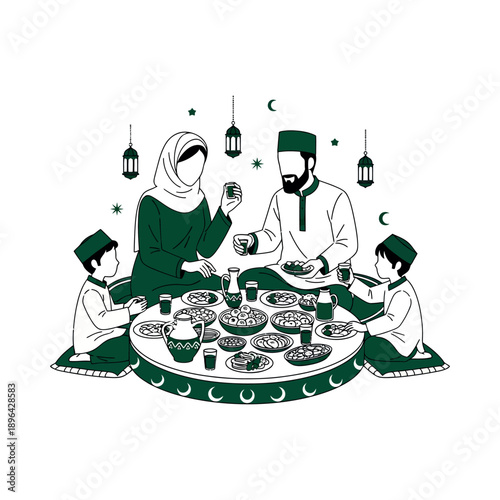A Muslim family gathers around a table to share a traditional iftar meal together.