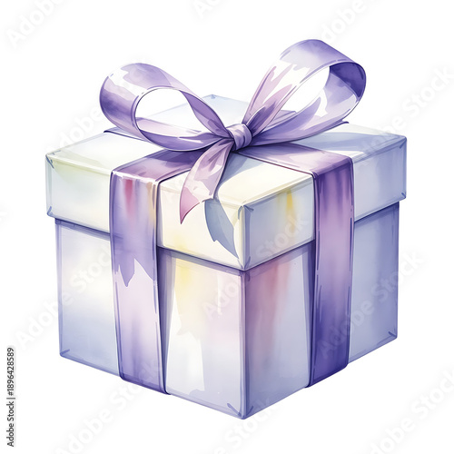 Watercolor gift box with a purple bow perfect for designs on transparent background