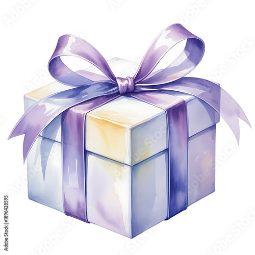 Watercolor painting of a gift box with a purple ribbon on transparent background