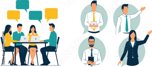 Business Team Discussion and Professional Communication Concept with Office Meeting, Corporate Collaboration, Leadership Characters, and Speech Bubble Illustration Vector Design