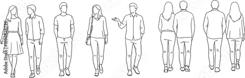 Walking people outline vector illustration, men and women front back side views, minimal line art character set, isolated on white background
