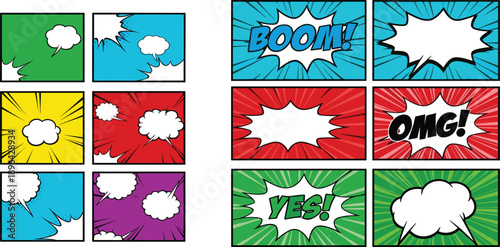 Comic Book Pop Art Explosion and Speech Bubble Panel Set with Colorful Halftone Backgrounds, Boom, Yes, Omg Text, and Blank Frames
