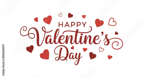 A festive illustration displays the words happy valentine s day surrounded by numerous red heart shapes on a cream background
