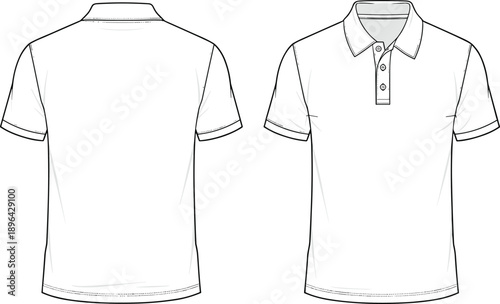 White polo shirt technical flat vector illustration, front and back view apparel template, short sleeve casual mens clothing design, isolated background