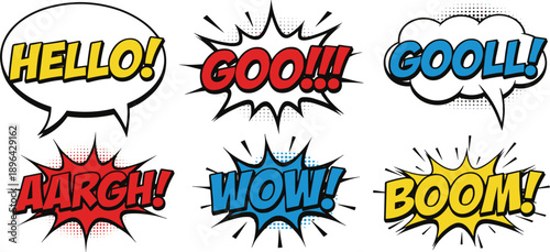 Comic Book Pop Art Speech Bubble and Sound Effect Text Set with Hello, Goo, Gool, Wow, Boom, and Expressive Action Words