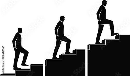 Business growth concept silhouette men climbing stairs, career progression, success ladder, leadership ambition, professional development, achievement journey illustration, vector, minimal