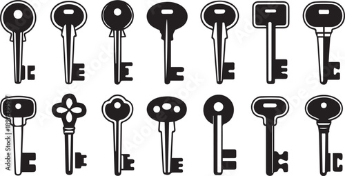 Key silhouette set — black and white illustration of 15 unique vintage and modern keys with varied bow and blade designs