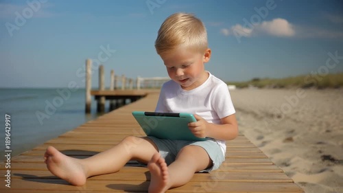 Wallpaper Mural Little Boy Plays on Tablet on a Dock By the Water on a Beautiful Day Torontodigital.ca