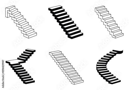 Collection of Six Isometric Staircase Illustrations in Black and White