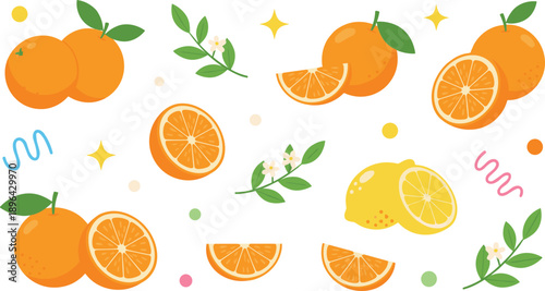 Sticker style citrus fruit set with oranges and lemons, slices, leaves and blossoms, fresh summer vector illustration