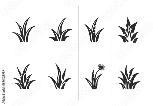 Collection of stylized black and white grass and dandelion icons