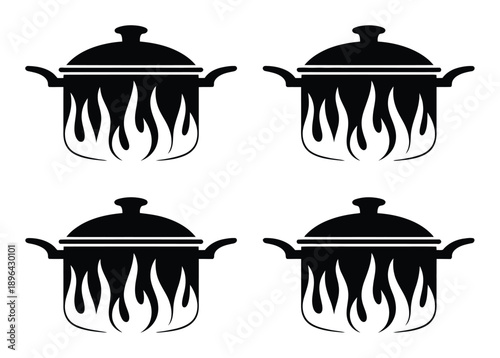 Four black and white icons of pots on fire, symbolizing cooking and heat