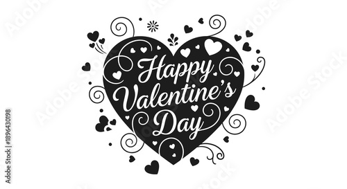 A decorative black heart shape displays the text happy valentine s day surrounded by swirls and dots high quality