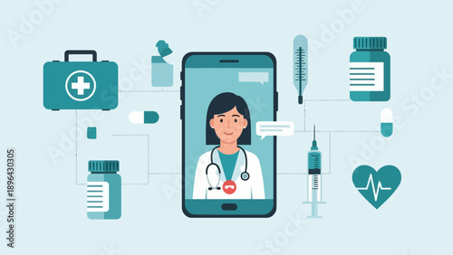 Smartphone doctor illustration with medical icons promoting telemedicine conversation